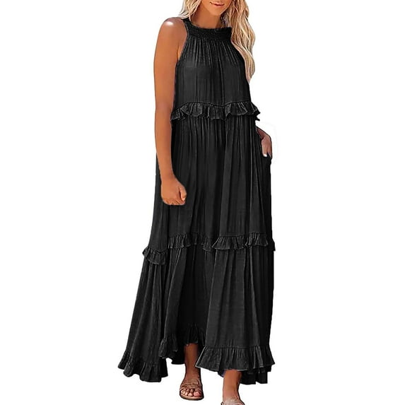 XVJRHAK Dresses for Women 2024 Wedding Guest Women Summer Boho Long Solid Color Loose Sleeveless Neck Ruffle Maxi Beach Dress Maxi(Black,L)