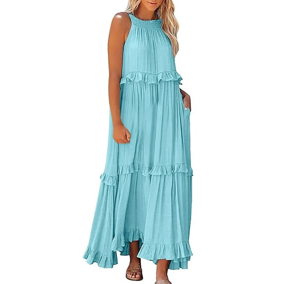 XVJRHAK Dresses for Women 2024 Wedding Guest Women Summer Boho Long Solid Color Loose Sleeveless Neck Ruffle Maxi Beach Dress Maxi(Blue2,XL)