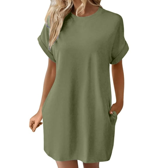 XVJRHAK Dresses for Women Women's Solid Color Round Neck Bat Sleeve Short Sleeve Hidden Pockets Loose Casual Dress Midi(Green2,M)