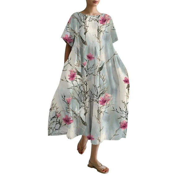 XVJRHAK Garden Party Dress Women's Retro Botanical Floral Design Printed Casual Loose Dress With Pocket (Gray,XXXXXL)