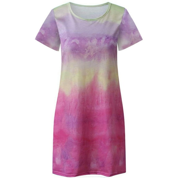 XVJRHAK Graduation Dresses Women's Tie-Dye Printed Summer Casual T Shirt Dresses Short Sleeve Swing Dress Mid-Length(Pink,XL)