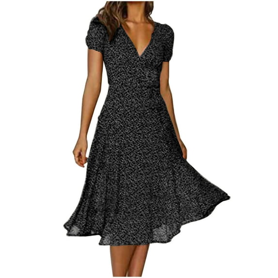XVJRHAK Ladies Summer Dresses Women Casual Dress Summer Dress V Neck Solid Color Polka Dot Print Dress Short Sleeve Lace Up Tie Dress (Black,S)