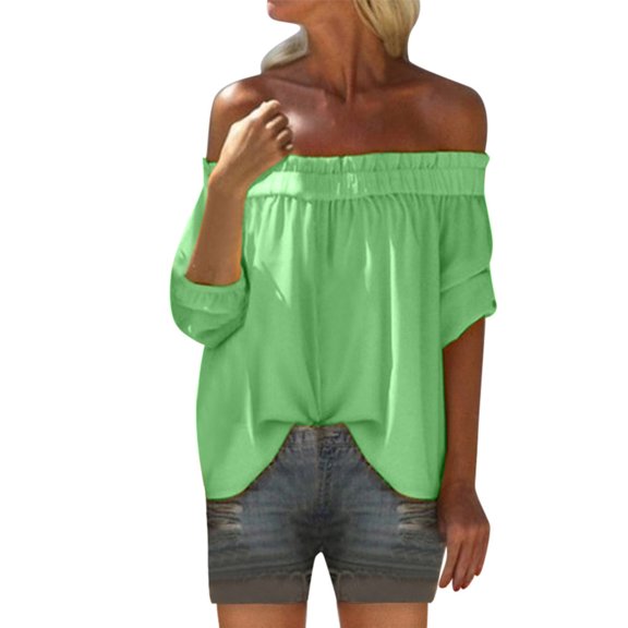 XVJRHAK Loose Fitting Tops for Women Women's Fashion off Shoulder Half Sleeve Solid Loose Top Blouse Short Sleeve(Green,XXL)