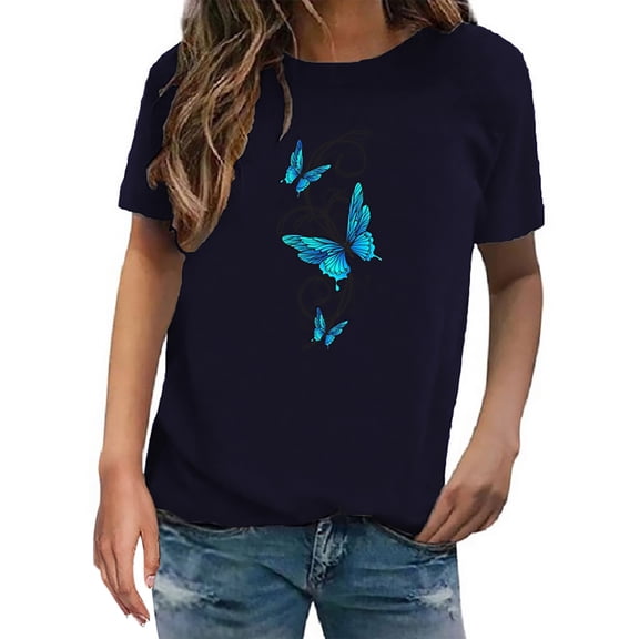 XVJRHAK Loose Tshirts for Women Ladies Fashion Butterfly Print Round Neck Short Sleeve T Shirt Top Tall Womens Clothing(Navy Blue,S)
