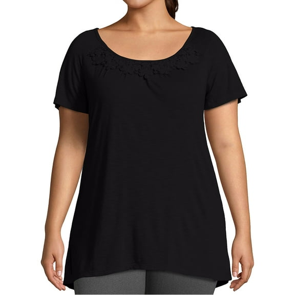 XVJRHAK Oversized Tees Women's Plus Size Summer Solid Multi Color Slub Crochet Trim Tunic Top Short Sleeve(Black,XXXXL)