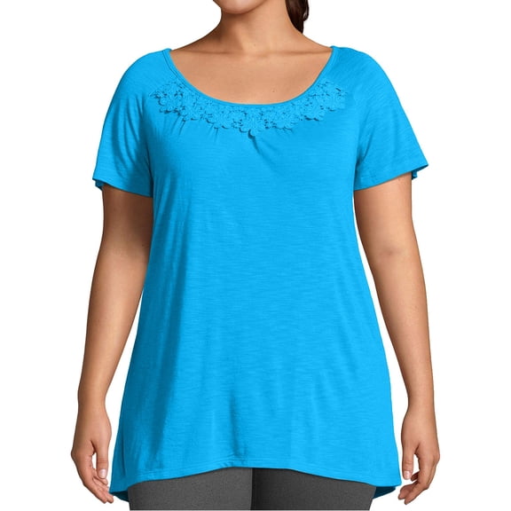 XVJRHAK Oversized Tees Women's Plus Size Summer Solid Multi Color Slub Crochet Trim Tunic Top Short Sleeve(Blue,XL)