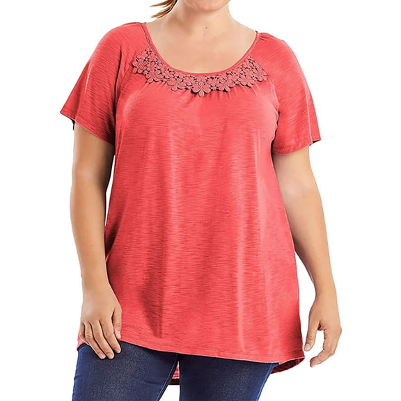 XVJRHAK Oversized Tees Women's Plus Size Summer Solid Multi Color Slub Crochet Trim Tunic Top Short Sleeve(Red,XXL)