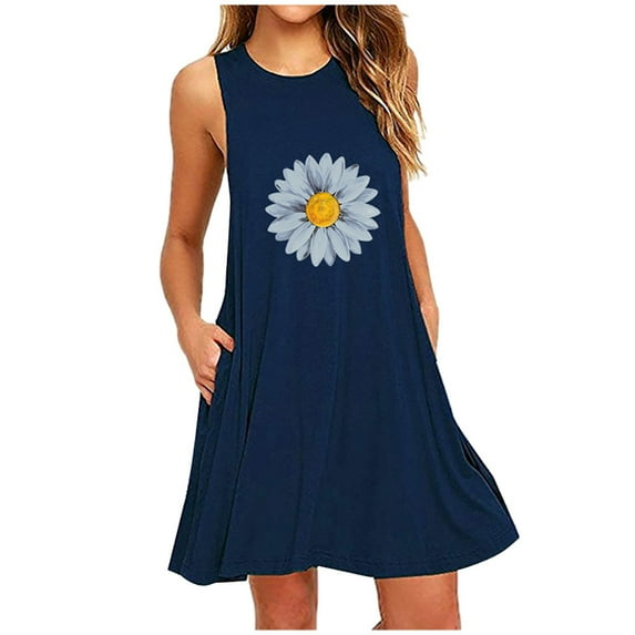XVJRHAK Petite Dresses Fashion Womens Pocket Daisy Printing Sleeveless A-Line Casual Nightdress Dresses Mid-Length(Navy Blue,XXXXXXL)