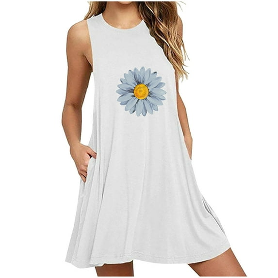 XVJRHAK Petite Dresses Fashion Womens Pocket Daisy Printing Sleeveless A-Line Casual Nightdress Dresses Mid-Length(White,XXXXXXL)