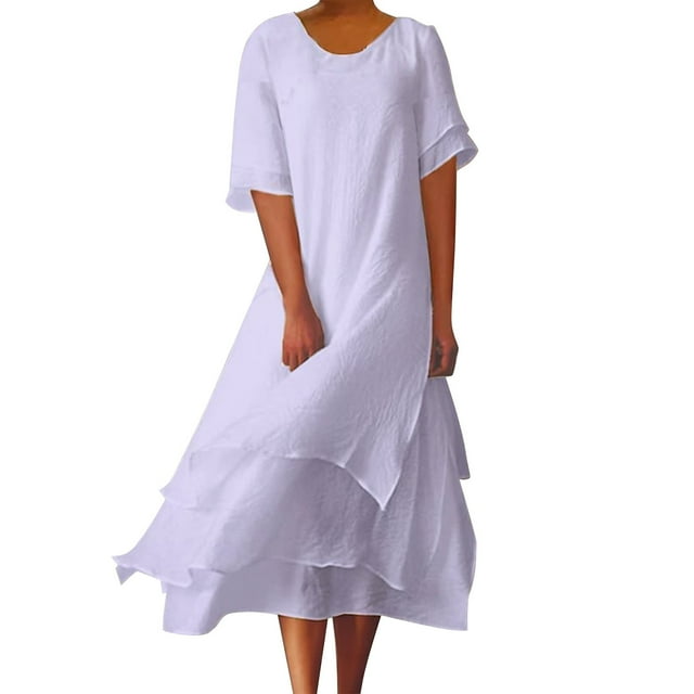 XVJRHAK Petite Maxi Dresses for Women Petite Length Women's Solid Round Neck Buttonless Cotton And Linen Irregular Flowing Hem Long Casual Dress Mid-Length(Purple,L)