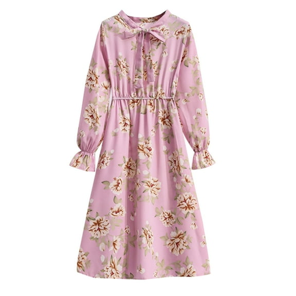 XVJRHAK Petite Sundresses for Women Women Floral Chiffon Long Sleeve Printing Casual Party Vintage Boho Maxi Dress Maxi(Pink,L)
