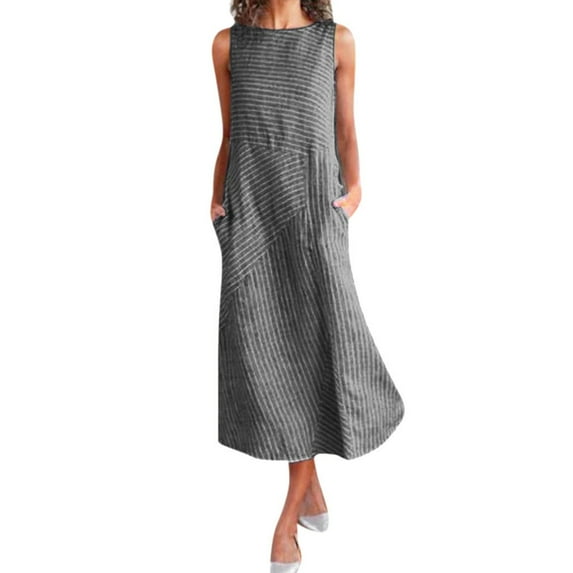 XVJRHAK Sexy Dresses for Women Date Night Casual Neck Dress Dress Striped Long Print Pocket Women Sleeveless Women's Dress Work Dress for Women(Navy blue,XL)