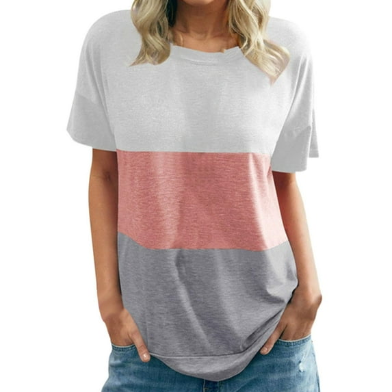 XVJRHAK Short Sleeve Shirts for Women Spring And Summer Short Sleeved Women's Collision T Shirt Round Neck Short Sleeve Loose Tops Short Sleeve(Pink,XXXXL)