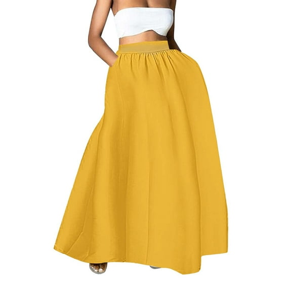 XVJRHAK Skirts for Women Women's Fashion Solid Color Big Hem Skirt Loose Pockets Half Body Skirt (Yellow,M)