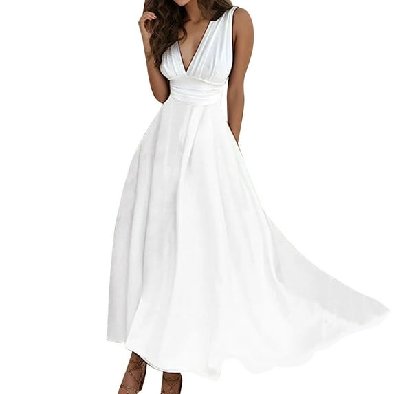 XVJRHAK Summer Dress For Women Dresses For Women 2023 Summer Vintage Solid Color Zipper Hem Loose Long Dresses Sexy Deep V Neck Sleeveless Swing Dress (White,S)