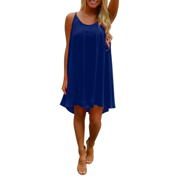 XVJRHAK Summer Dress Ladies Solid Color Round Neck Sleeveless Hollow Chiffon Sling Dress (Blue,L)