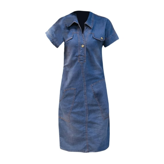 XVJRHAK Summer Dress Women'S Vintage Turn Down Collar Denim Dresses With Pockets (Blue,XL)