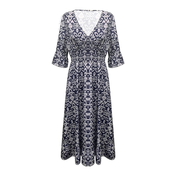 XVJRHAK Summer Dresses for Women 2024 Women's Dress Bohemian Casual Printed V Neck Waist High Waist Long Dress Maxi(Navy Blue,L)