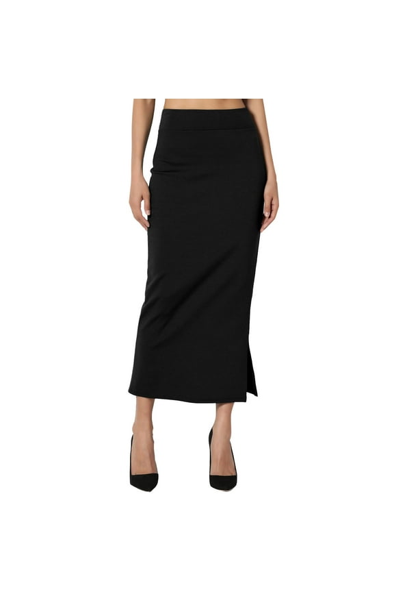 Summer Skirt Women's S~3X Side Slit Ponte Knit High Waist Mid Calf Long Pencil Skirt (Black,M)