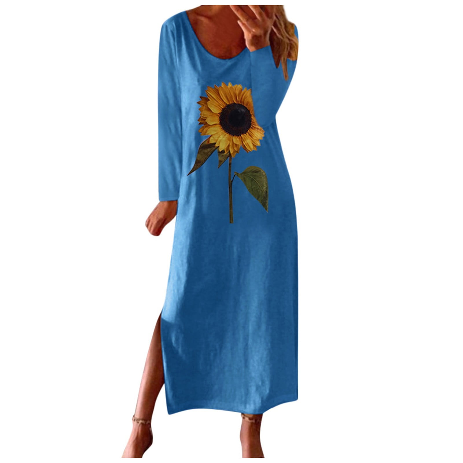XVJRHAK Sun Dresses Women Women's Casual Sunflower Print Long Sleeves  Ruffle Dress Print Boho Sundress Mid-Length(Blue,L) - Walmart.com