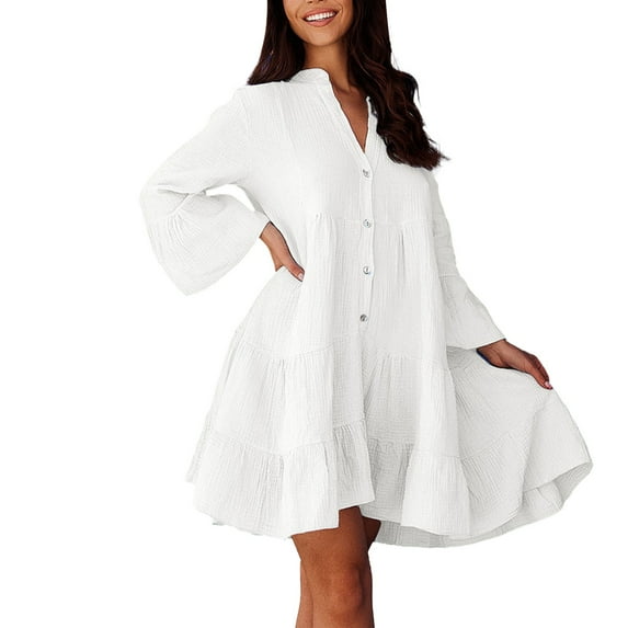 XVJRHAK Swing A Line Dress Women'S Long Sleeve Botton Ruffle Dresses Casual Loose Swing Mini Dress Dresses For Women Elegant (White,XXL)