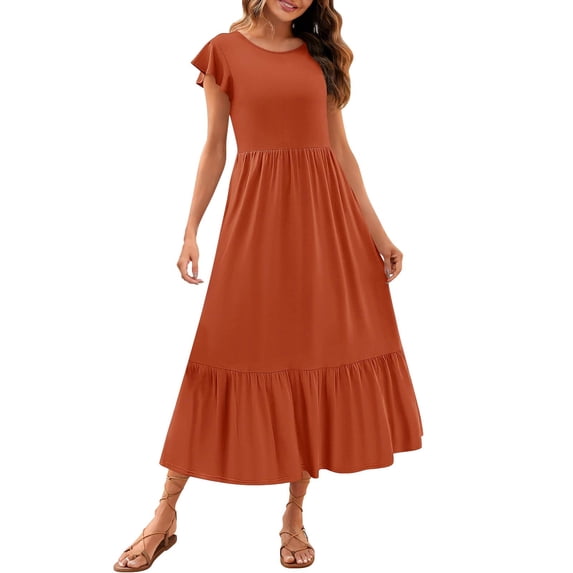 XVJRHAK Tea Party Dress Womens Summer Casual Crewneck Swing Dress Casual Flowy Tiered Maxi Beach Dress With Pockets Maxi(Red2,XL)