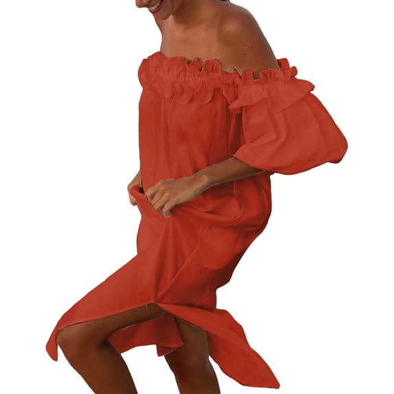XVJRHAK Trendy Dresses for Women 2024 Women off Shoulder Ruffle Puff Sleeve Midi Dress Boho Ruffled Flowy A Line Long Dres Smocked Side Split Maxi Dress Mid-Length(Red,XL)