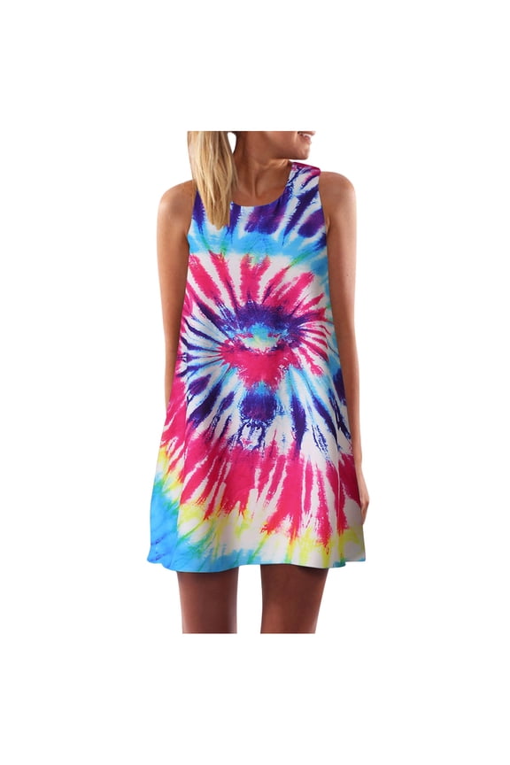 Wedding Guest Dresses Women Vintage Boho Summer Sleeveless Beach Printing Short Mini Dress Mini(B,S)