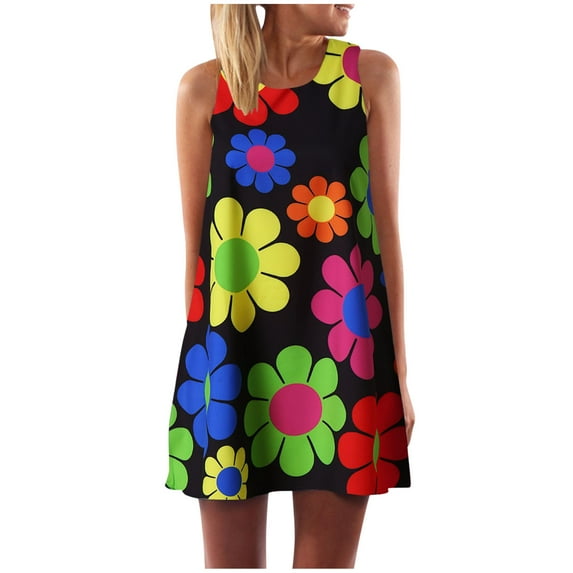 XVJRHAK Wedding Guest Dresses Women Vintage Boho Summer Sleeveless Beach Printing Short Mini Dress Mini(D,XL)