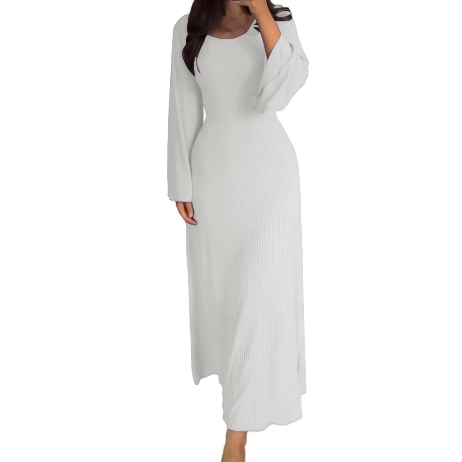 white long sleeve dress bodycon Xvjrhak Women Elegant Crew Neck Dress Elegant Long Ribbed Bodycon Maxi Dresses (White,M) Mini dress angel sleeves Kimmy Turtleneck Bodycon Maxi Color:Burgundy - Winter