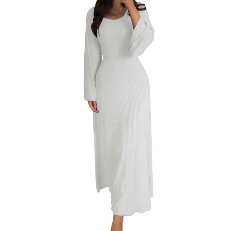 white long sleeve bodycon dress amazon Xvjrhak Women Elegant Crew Neck Dress Elegant Long Ribbed Bodycon Maxi Dresses (White,M) elegant look for a