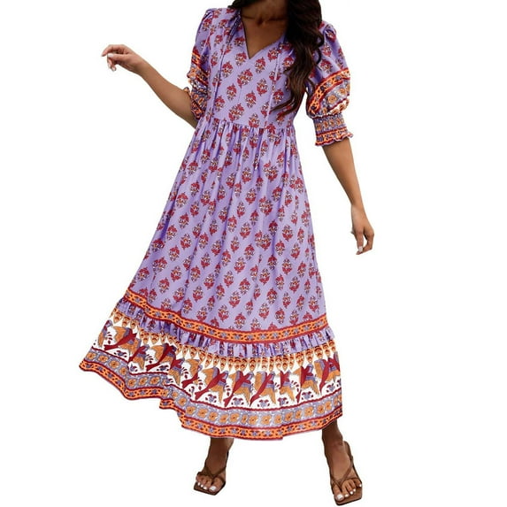 XVJRHAK Women Floral Printed Flutter Sleeve V Neck Sundress Boho Dress Flower Party Festive Pleated Belted Wrap Dress (Purple,XL)