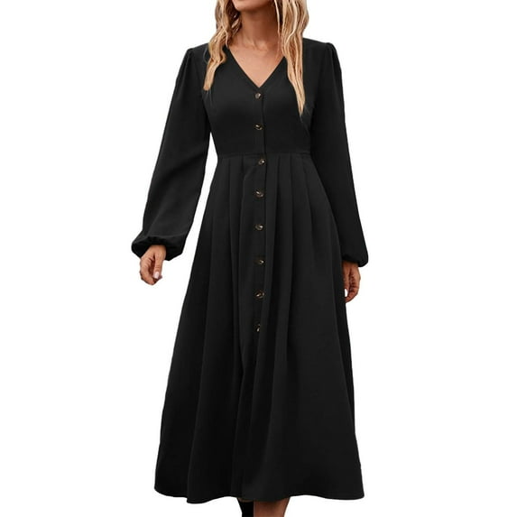 XVJRHAK Women Summer Dresses Womens Elegant V Neck Long Sleeve High Waist Vintage Wedding Guest Cocktail Party Swing A Line Midi Dresses Mid-Length(Black,L)