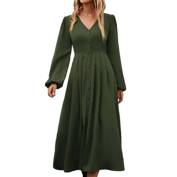 XVJRHAK Women Summer Dresses Womens Elegant V Neck Long Sleeve High Waist Vintage Wedding Guest Cocktail Party Swing A Line Midi Dresses Mid-Length(Army Green,XL)