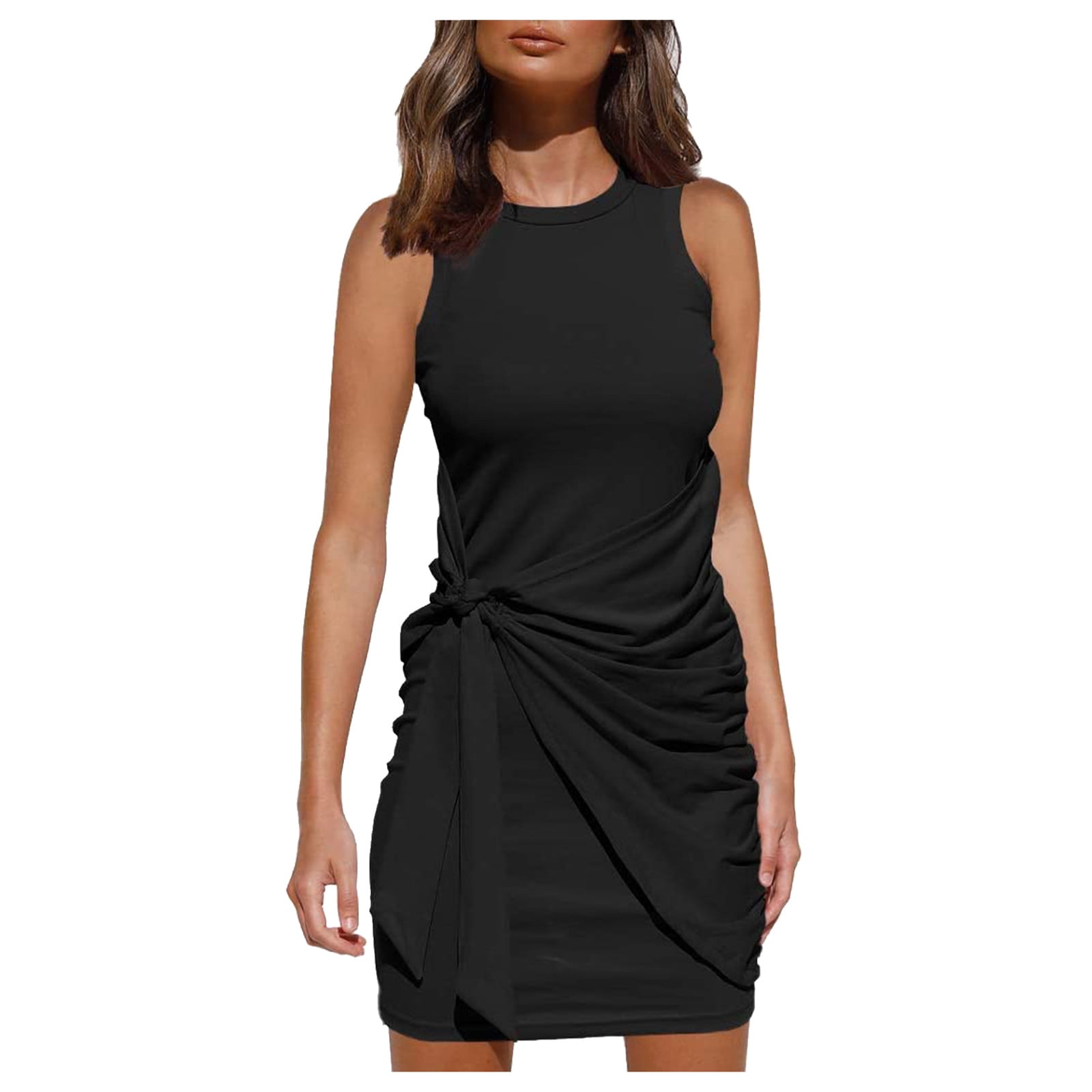 KAYWIDE Women's Summer Sleeveless Midi Dress – Solid Color With Hook Detail, Side Pockets, Includes Belt