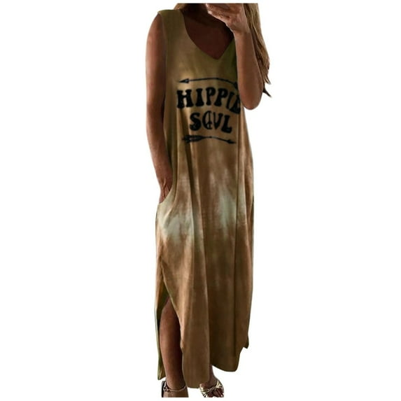 XVJRHAK Women's Dresses Women Casual Tie-Dye Print Sleeveless Dress V-Neck Pocket Long Dress Long(Khaki,XXL)