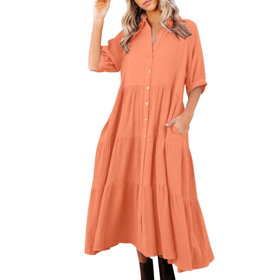 XVJRHAK Women's Spring/Summer Cotton Mid Season Long Sleeve Long Button Dress (Orange,XL)