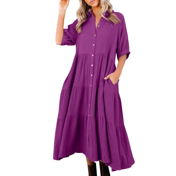 XVJRHAK Women's Spring/Summer Cotton Mid Season Long Sleeve Long Button Dress (Purple,S)