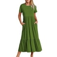 thumbnail image 1 of XVJRHAK Women's Summer Casual Short Sleeve Crewneck Swing Dress Casual Flowy Tiered Maxi Beach Dress With Pockets (Green,XL), 1 of 8