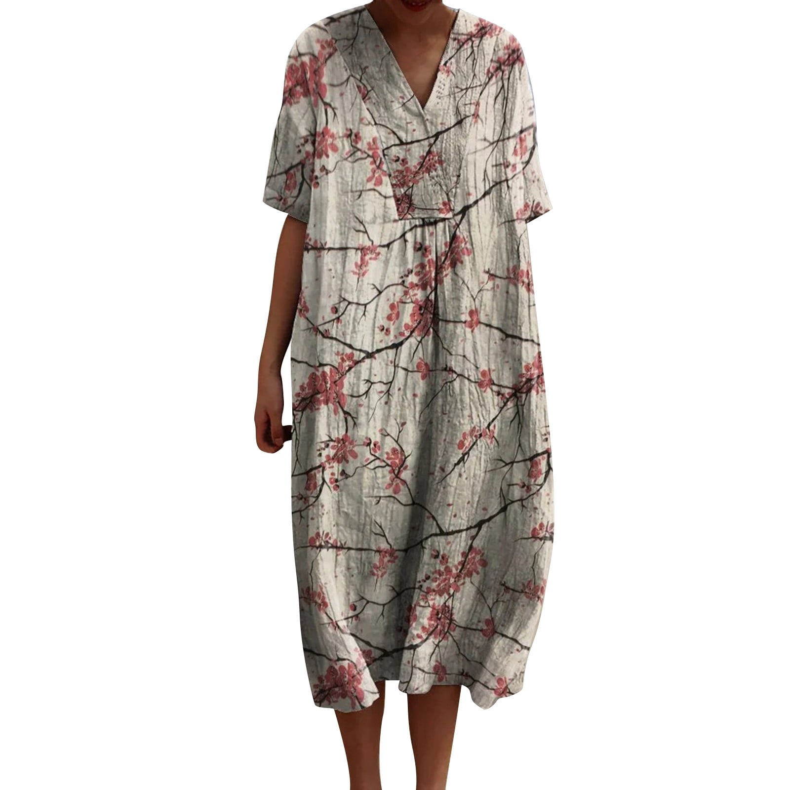 XVJRHAK Women's Vintage Floral Art Print Casual Flowing Dress With Pockets V Neck Dress (Khaki,M)