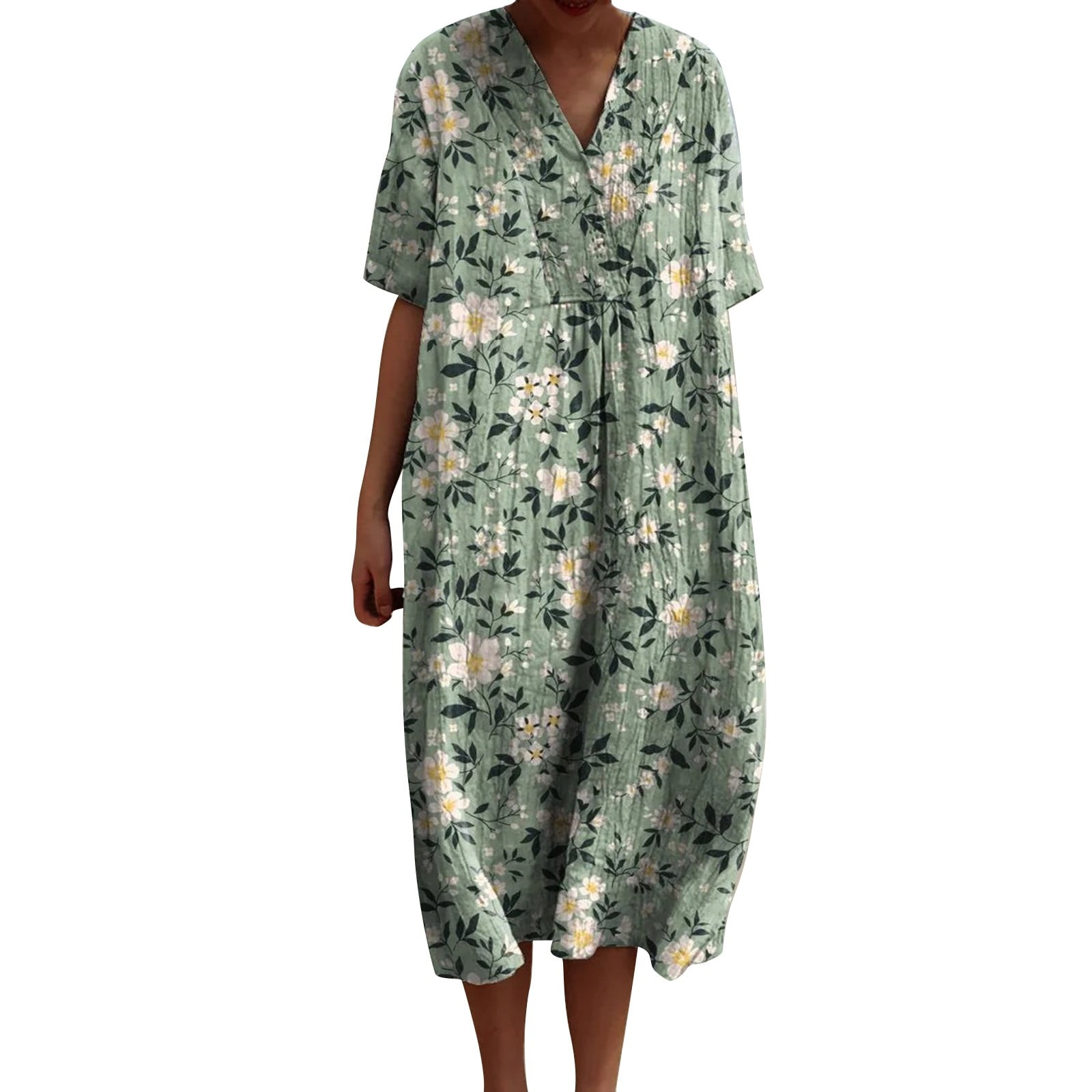 XVJRHAK Women's Vintage Floral Art Print Casual Flowing Dress With Pockets V Neck Dress (Mint Green,S)