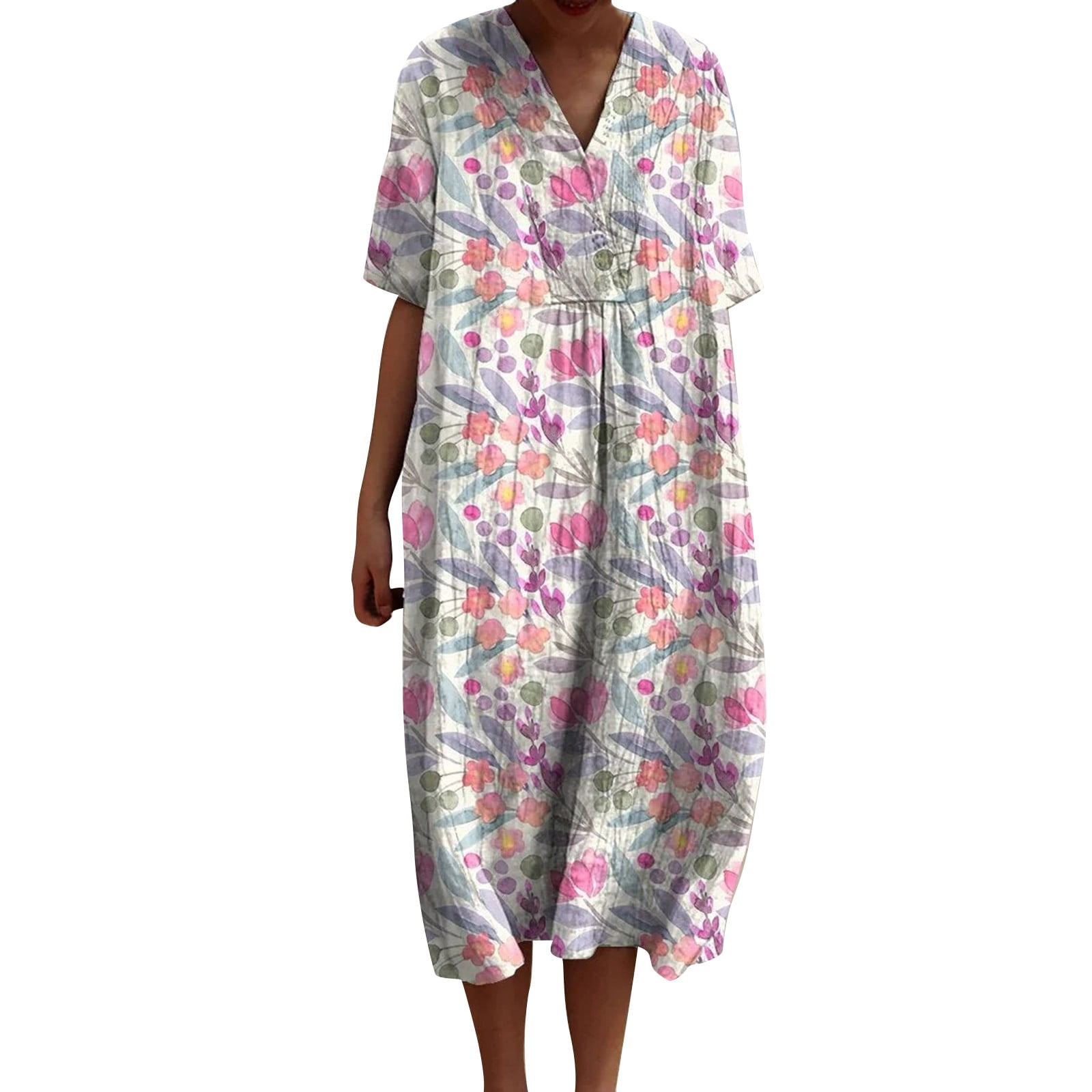 XVJRHAK Women's Vintage Floral Art Print Casual Flowing Dress With Pockets V Neck Dress (Pink,S)