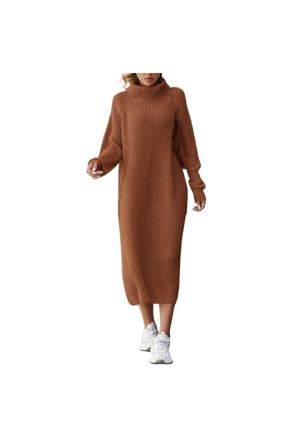 Womens Petite Summer Dresses Women's 2024 Autumn/Winter New Long Sweater Over Knee Loose High Neck Knitted Dress Mid-Length(Gold,XXL)