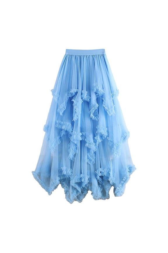 Womens Skirt Women's Tulle Skirt Ruffle Multilayer Mesh A Line Tier Tutu Prom Wedding Long Tulle Skirts (Blue,One Size)