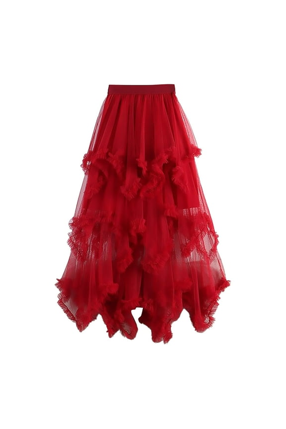 Womens Skirt Women's Tulle Skirt Ruffle Multilayer Mesh A Line Tier Tutu Prom Wedding Long Tulle Skirts (Red,One Size)