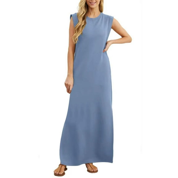 XVJRHAK Womens Spring Dresses Women's Summer Solid Color Sleeveless Loose Casual Long Dress (Blue,M)