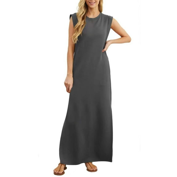 XVJRHAK Womens Spring Dresses Women's Summer Solid Color Sleeveless Loose Casual Long Dress (Gray,M)