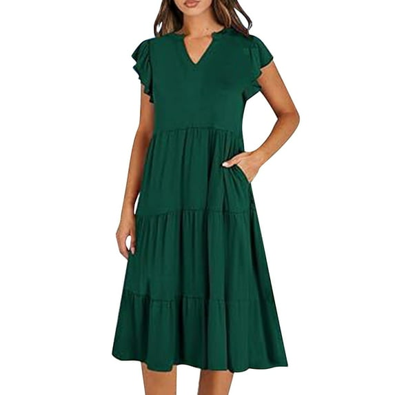 XVJRHAK Womens Summer Dresses Womens Summer Ruffle Sleeve V Neck Midi Dress 2024 Fashion Casual Fit Flowy Tiered Boho Beach Vacation Sundress (Green1,L)