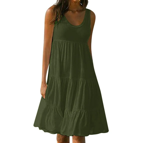 XVJRHAK Womens Sundresses Women's Long High Waist Tied Solid Color Round Neck Dress (Army Green,M)