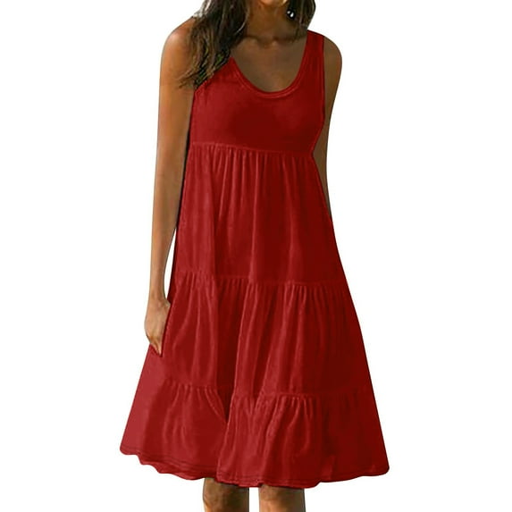 XVJRHAK Womens Sundresses Women's Long High Waist Tied Solid Color Round Neck Dress (Red,XL)